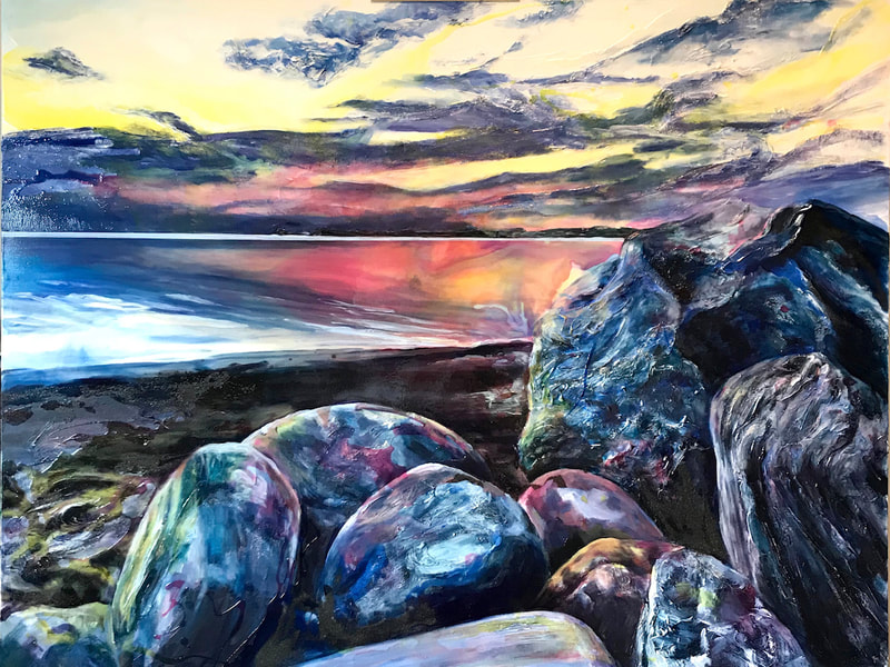 Available Works, Sky, Water & Rocks Aglow, 2019. Acrylic & Mixed Media on Canvas, 36 x 48 inches 